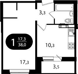 Планировка 1-к.кв 34.50 м² в ЖК «Ботаника. Томск»