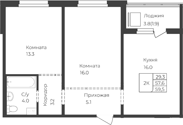 Планировка свободная планировка 57.60 м² в ЖК «Дом 1824. Горно-Алтайск»