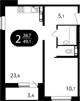 Планировка 2е-к.кв 45.70 м² в ЖК «Ботаника. Томск»