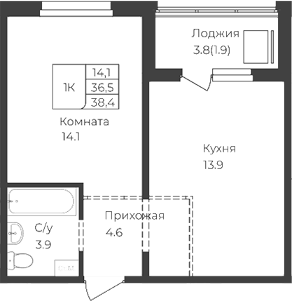 Планировка свободная планировка 36.50 м² в ЖК «Дом 1824. Горно-Алтайск»