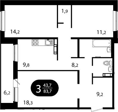 Планировка 3-к.кв 77.50 м² в ЖК «Ботаника. Томск»