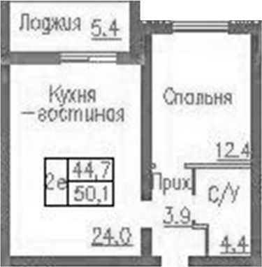 Планировка 2е-к. квартира 44.70 м² в ЖК «Фламинго»