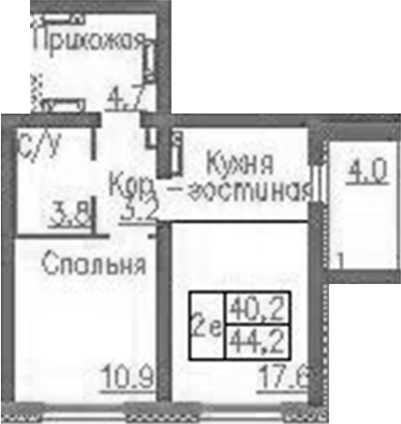 Планировка 2е-к. квартира 40.20 м² в ЖК «Фламинго»