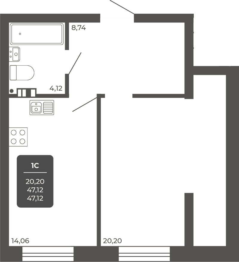 Планировка 1-к.кв 47.12 м² в ЖК «НОВА АПАРТ»
