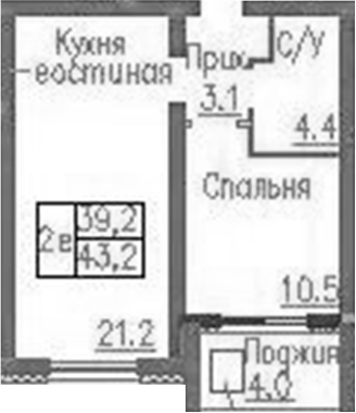 Планировка 2е-к. квартира 39.20 м² в ЖК «Фламинго»