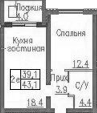 Планировка 2е-к.кв 39.10 м² в ЖК «Фламинго»