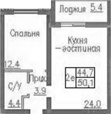 Планировка 2е-к. квартира 44.70 м² в ЖК «Фламинго»