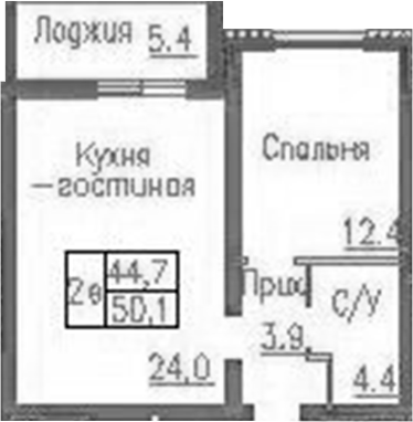 Планировка 2е-к.кв 44.70 м² в ЖК «Фламинго»