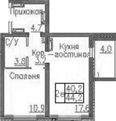 Планировка 2е-к.кв 40.20 м² в ЖК «Фламинго»