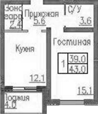 Планировка 1-к.кв 38.90 м² в ЖК «Фламинго»
