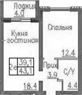 Планировка 2е-к.кв 39.00 м² в ЖК «Фламинго»