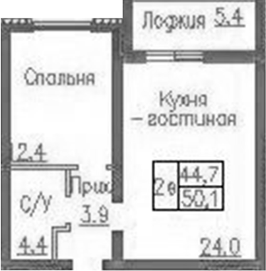 Планировка 2е-к. квартира 44.70 м² в ЖК «Фламинго»