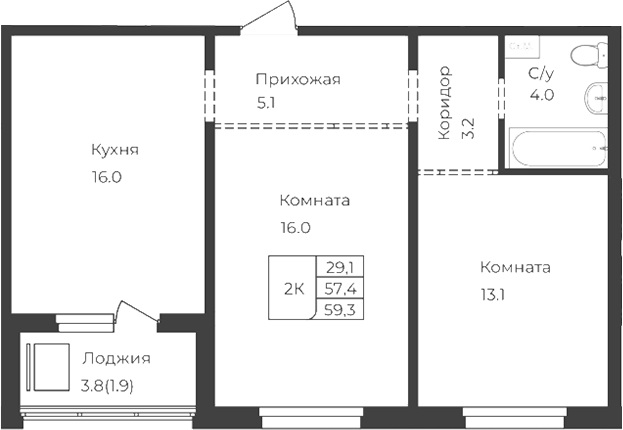 Планировка свободная планировка 57.40 м² в ЖК «Дом 1824. Горно-Алтайск»
