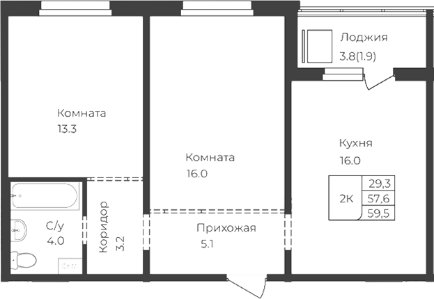 Планировка свободная планировка 57.60 м² в ЖК «Дом 1824. Горно-Алтайск»