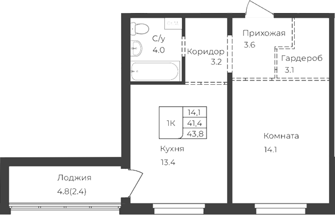 Планировка свободная планировка 41.40 м² в ЖК «Дом 1824. Горно-Алтайск»
