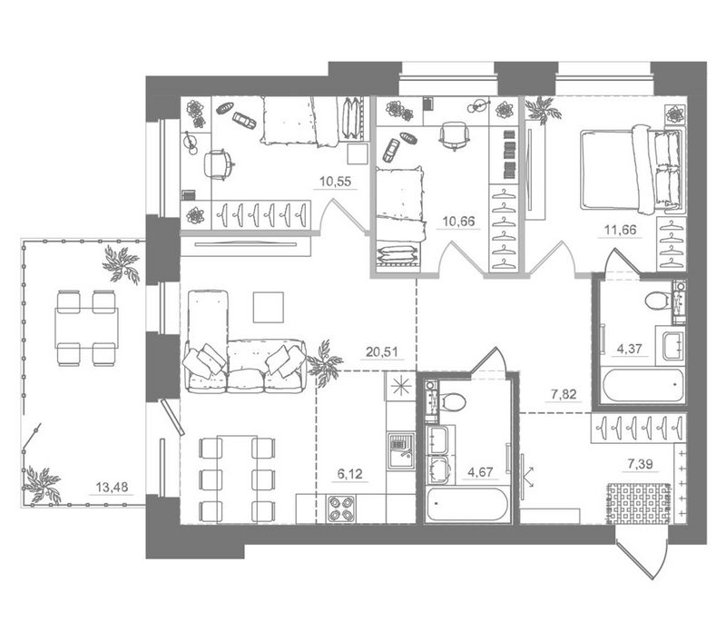 Планировка 4е-к.кв 83.35 м² в ЖК «Спектр»