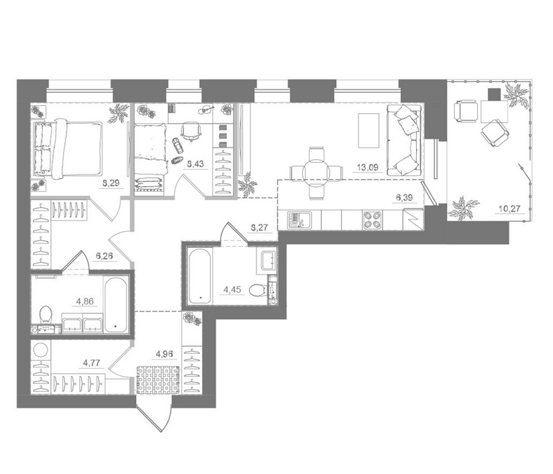 Планировка 3е-к.кв 69.77 м² в ЖК «Спектр»