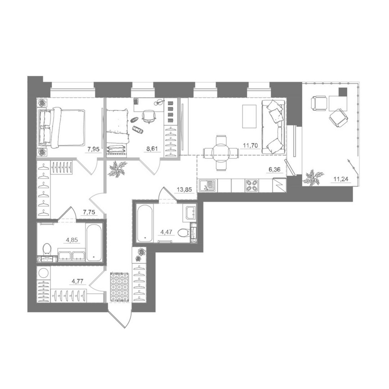 Планировка 3е-к.кв 70.31 м² в ЖК «Спектр»