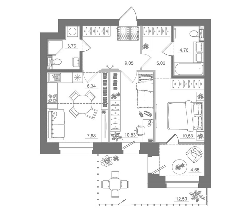 Планировка 3е-к.кв 58.19 м² в ЖК «Спектр»