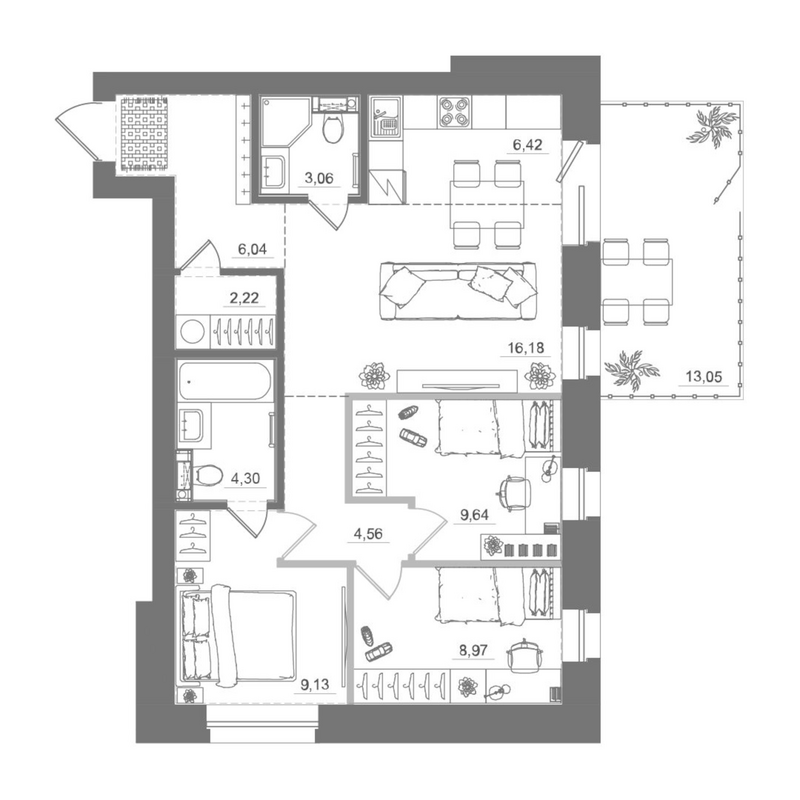 Планировка 4е-к.кв 70.52 м² в ЖК «Спектр»