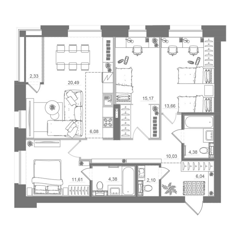 Планировка 4е-к.кв 93.93 м² в ЖК «Спектр»