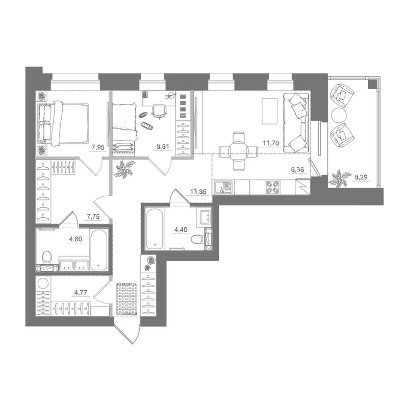 Планировка 3е-к.кв 70.73 м² в ЖК «Спектр»