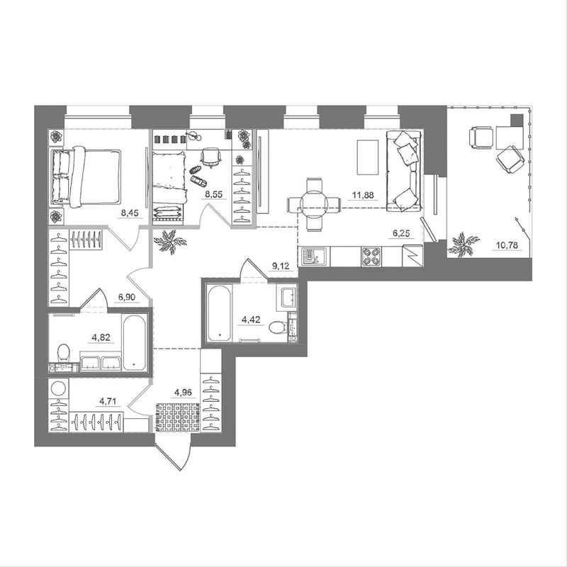 Планировка 3е-к.кв 70.06 м² в ЖК «Спектр»