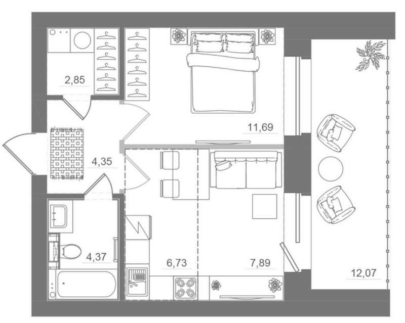 Планировка 2е-к.кв 37.89 м² в ЖК «Спектр»