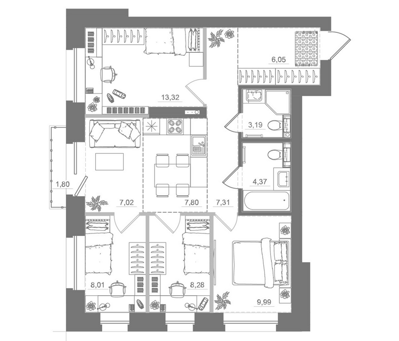 Планировка 5е-к.кв 74.88 м² в ЖК «Спектр»