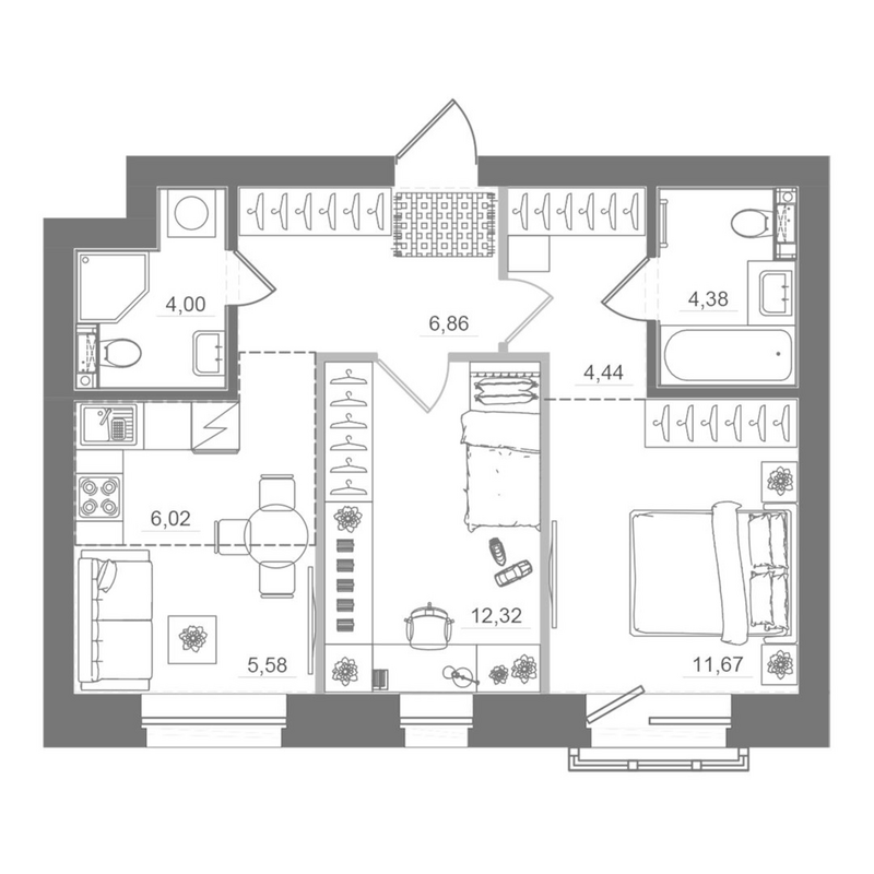 Планировка 3е-к.кв 55.26 м² в ЖК «Спектр»