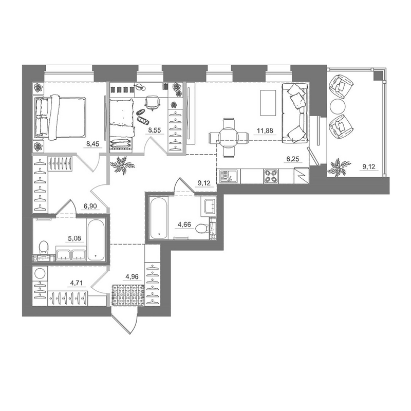 Планировка 3е-к.кв 70.47 м² в ЖК «Спектр»
