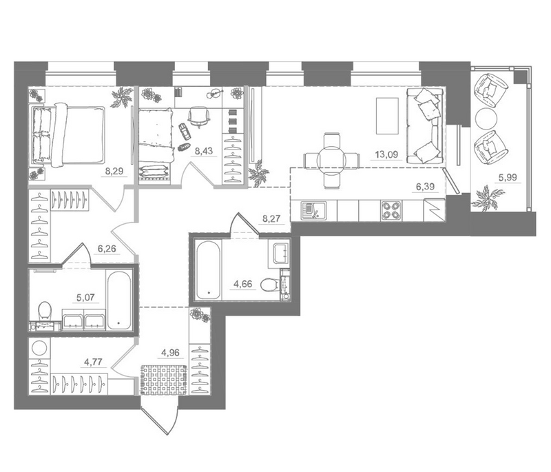 Планировка 3е-к.кв 70.19 м² в ЖК «Спектр»