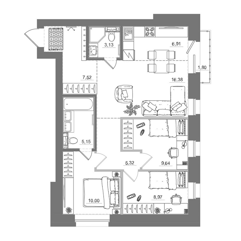 Планировка 4е-к.кв 73.02 м² в ЖК «Спектр»