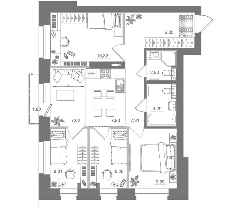 Планировка 5е-к.кв 74.42 м² в ЖК «Спектр»