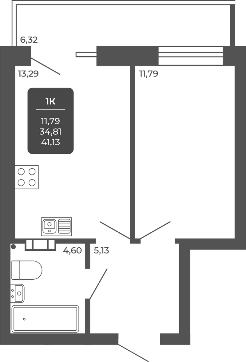 Планировка 1-к.кв 34.81 м² в ЖК «НОВА АПАРТ»