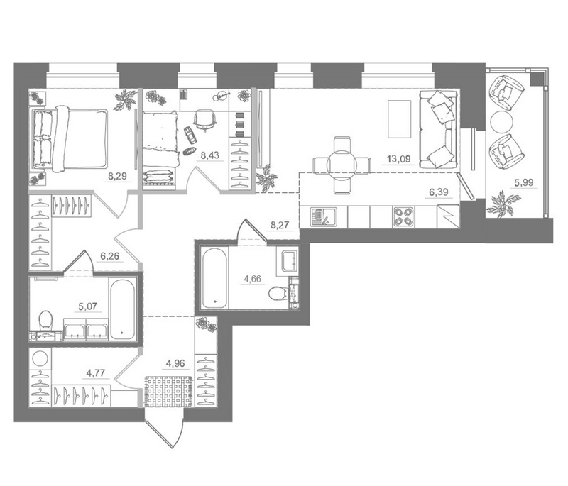 Планировка 3е-к.кв 70.19 м² в ЖК «Спектр»