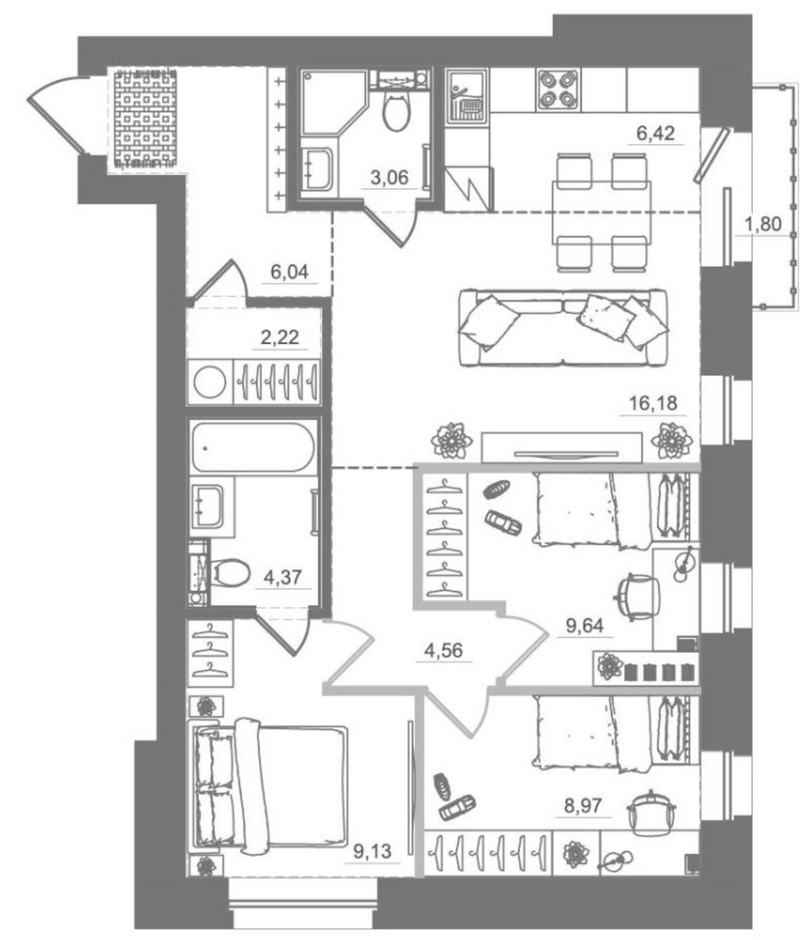 Планировка 4е-к.кв 71.13 м² в ЖК «Спектр»
