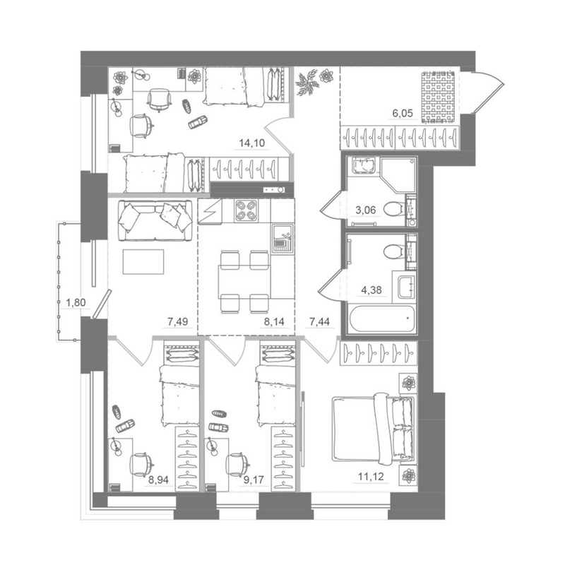 Планировка 5е-к.кв 78.93 м² в ЖК «Спектр»