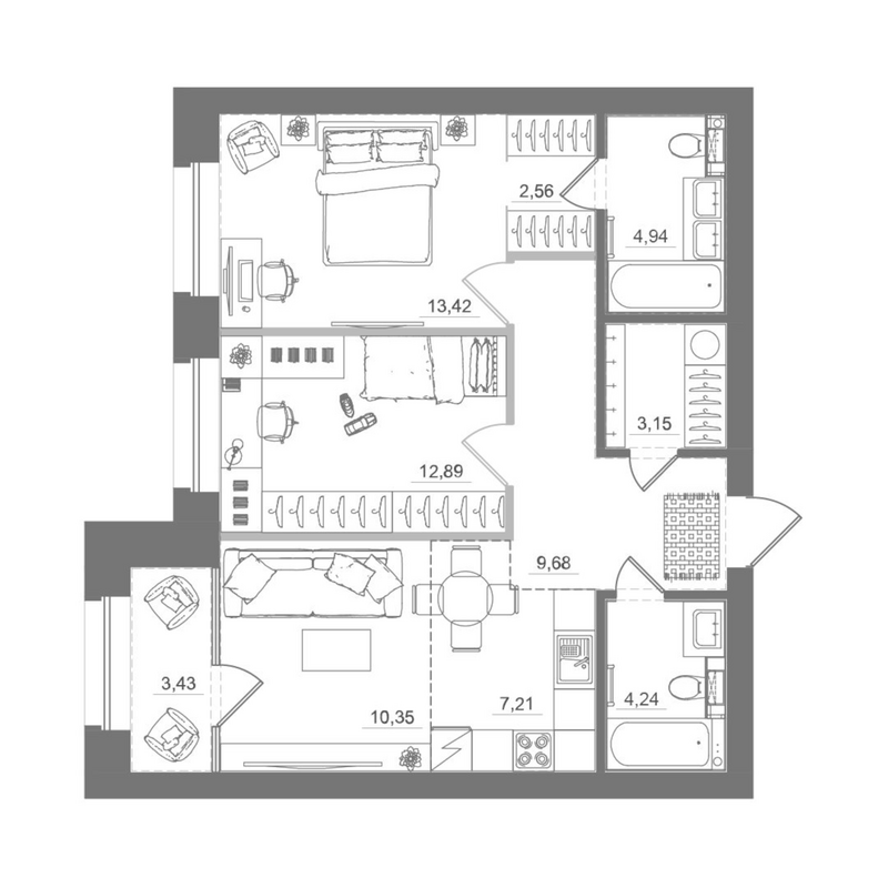 Планировка 3е-к.кв 69.00 м² в ЖК «Спектр»
