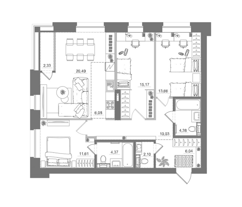Планировка 4е-к.кв 93.93 м² в ЖК «Спектр»