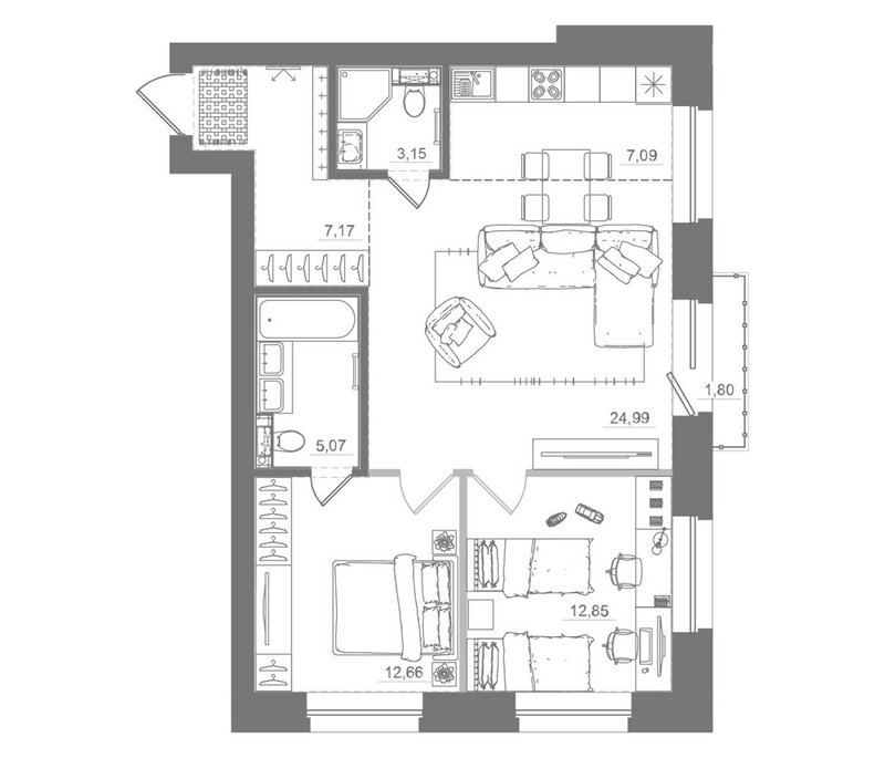 Планировка 3е-к. квартира 72.98 м² в ЖК «Спектр»