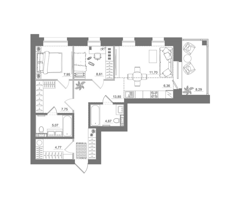 Планировка 3е-к.кв 70.73 м² в ЖК «Спектр»