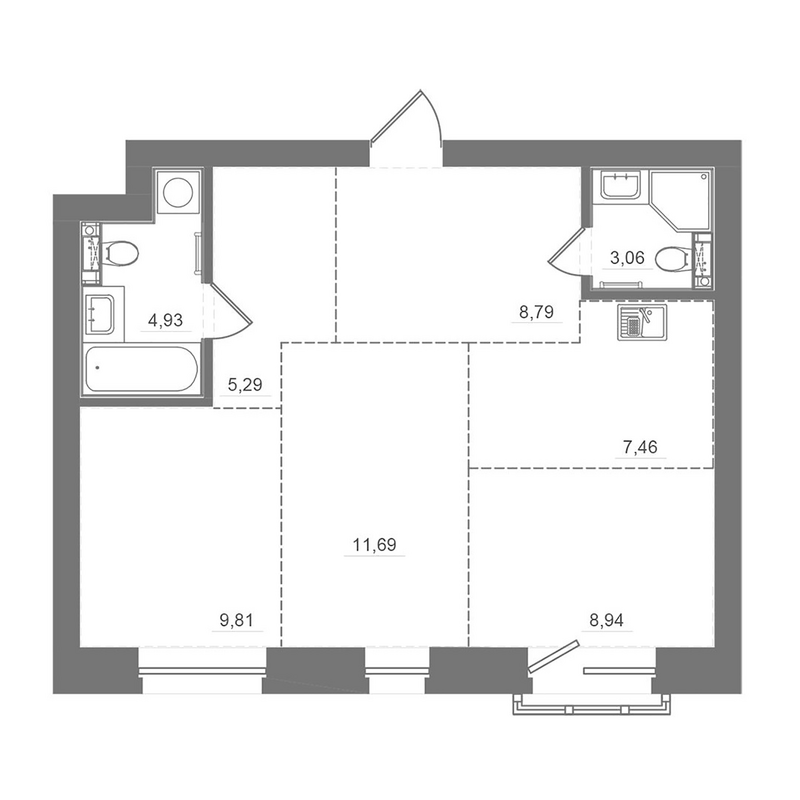 Планировка 3е-к.кв 59.99 м² в ЖК «Спектр»