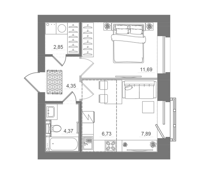 Планировка 2е-к.кв 37.89 м² в ЖК «Спектр»
