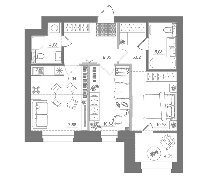 Планировка 3е-к.кв 58.81 м² в ЖК «Спектр»