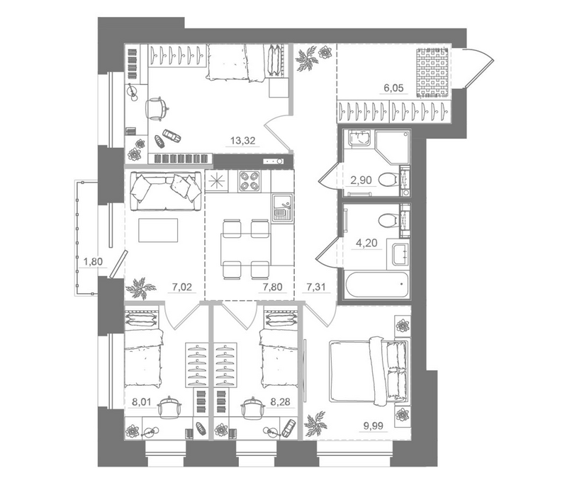 Планировка 5е-к.кв 74.88 м² в ЖК «Спектр»