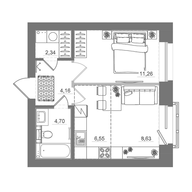 Планировка 2е-к.кв 37.64 м² в ЖК «Спектр»