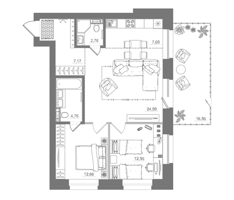 Планировка 3е-к.кв 72.78 м² в ЖК «Спектр»
