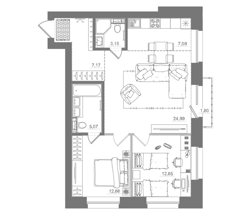 Планировка 3е-к.кв 72.98 м² в ЖК «Спектр»