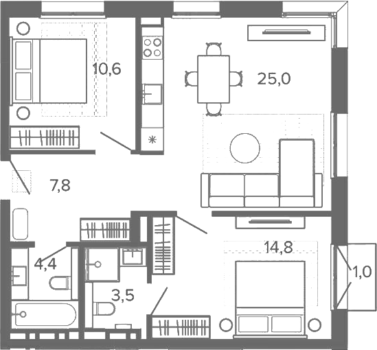 Планировка 3е-к.кв 65.63 м² в ЖК «Вышка. Барнаул»